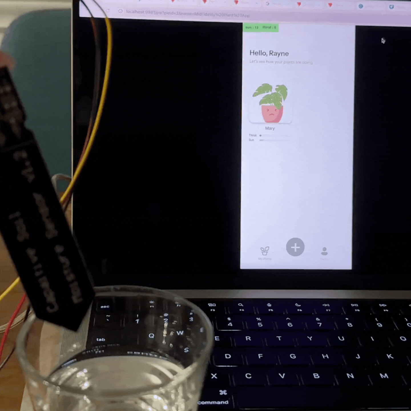 The thirst and sun bars change width depending on the data being read from the Arduino. 